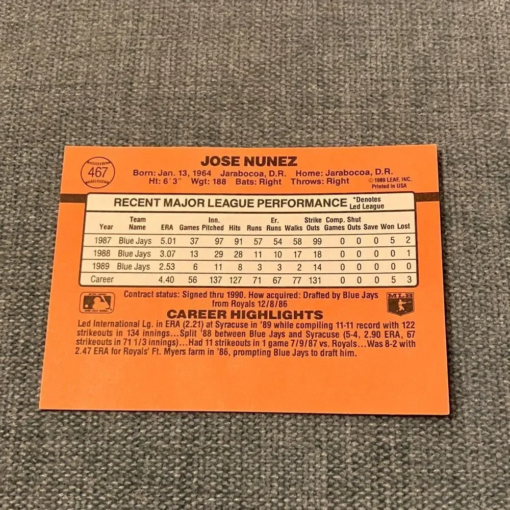1990 Donruss Toronto Blue Jays Baseball Card Trading Card